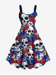 Plus Size Skulls Two Tone Floral Patriotic American Flag Print Hawaii A Line Tank Dress -  