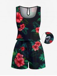 Plus Size Tropical Leaf Hibiscus Flowers Print Cinched Hawaii Romper -  