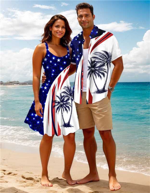 Outfits Coconut Tree Patriotic American Flag Curve Print Plus Size Matching Hawaii Beach Outfit For Couples  