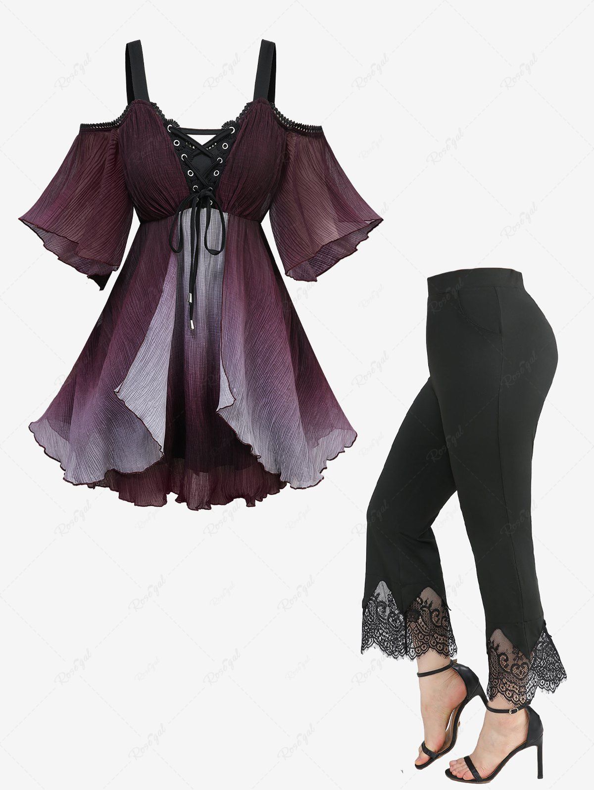Unique Lace-Up Ruffles Ombre Cold Shoulder Blouse and Scalloped Tassel Pockets Flare Pants Plus Size Outfit  