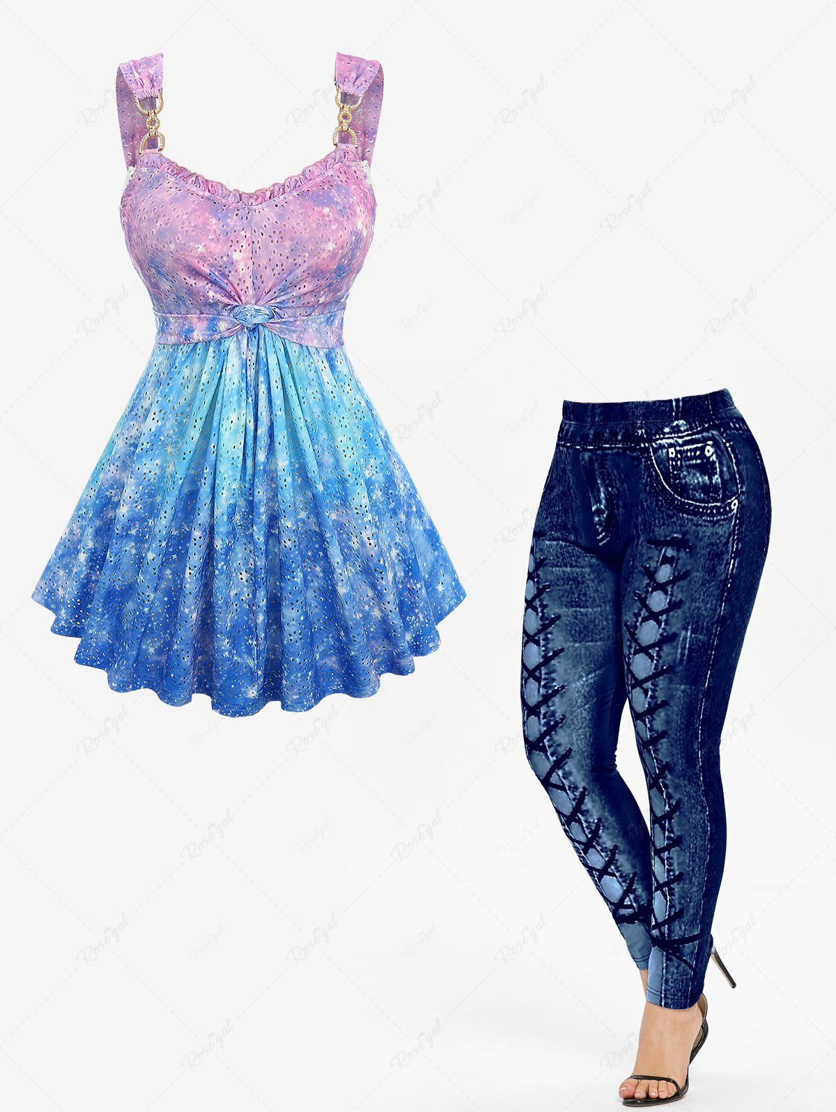 Buy Galaxy Ombre Print Twist Hollow Out Tank Top and High Waisted Leggings Plus Size Outfit  