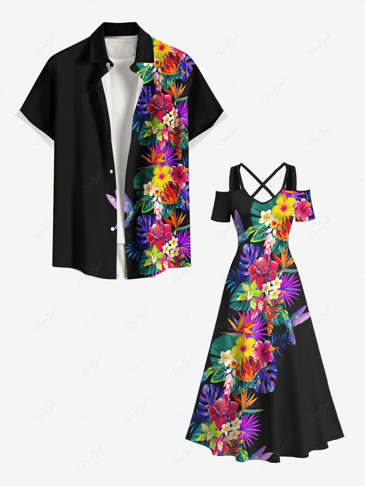 Online Tropical Leaf Hibiscus Flower Bird Print Plus Size Matching Hawaii Beach Outfit For Couples  