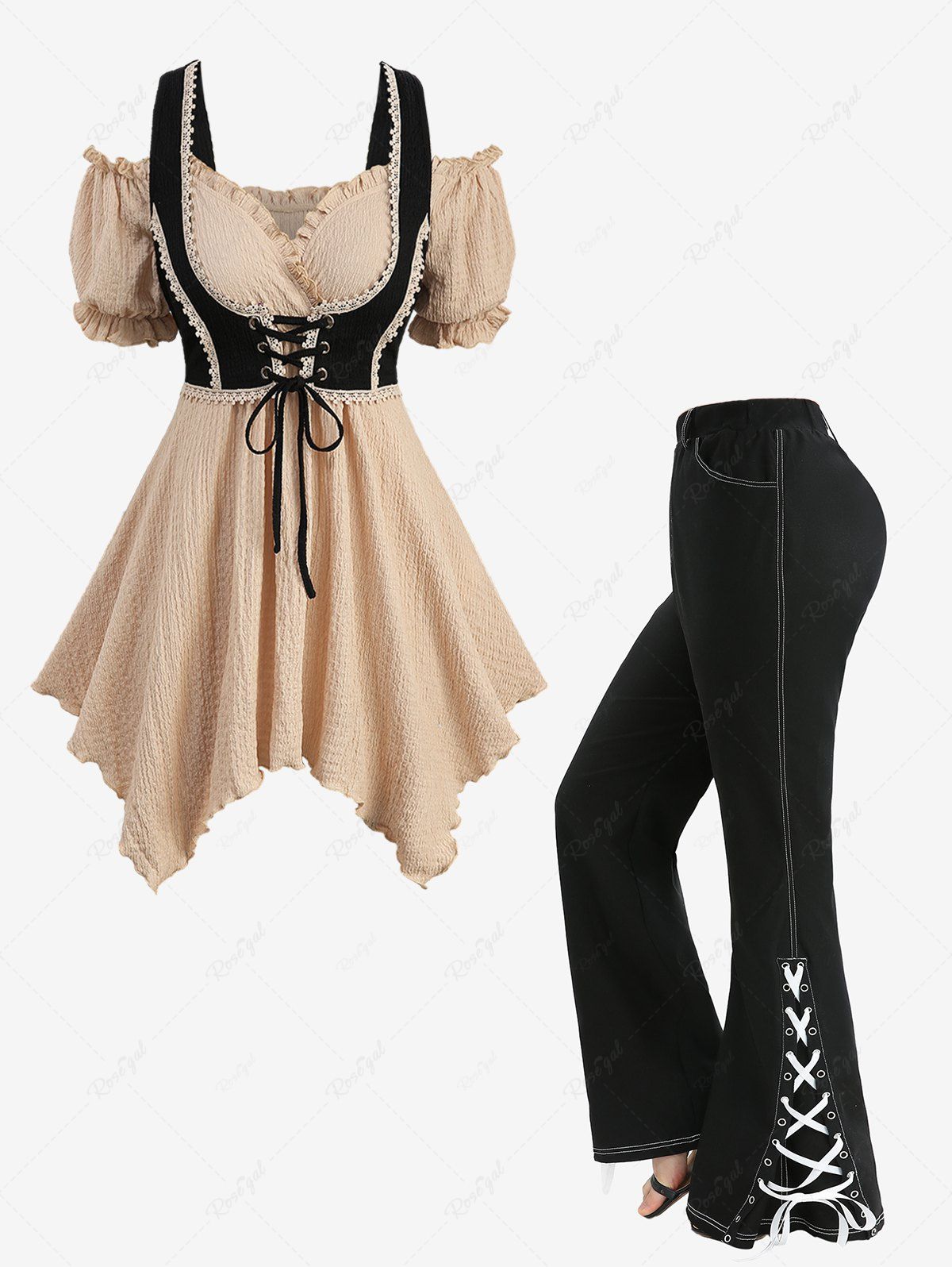 New Textured Ruffles Crochet 2 in 1 Corset Top and Split Lace Up Grommet Topstitching Pockets Flare Pants Plus Size Outfit  