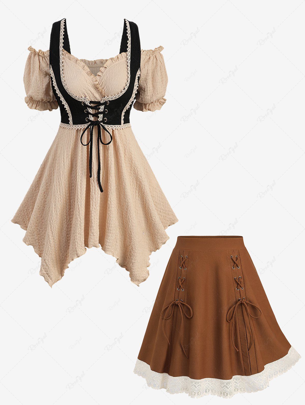 Store Textured Ruffles Crochet 2 in 1 Corset Top and Ethnic Lace Up Hollow Out Trim Patchwork A Line Skirt Plus Size Outfit  