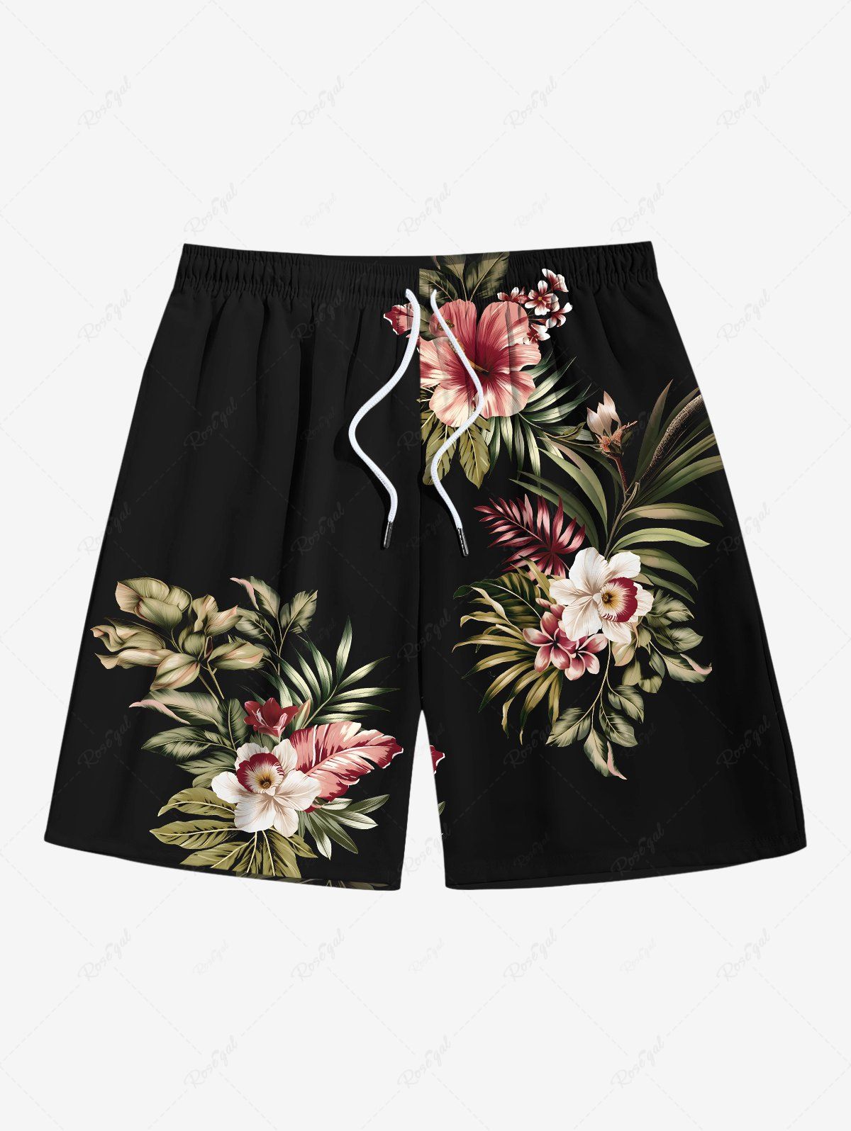 Short de plage hawaïen grande taille à imprimé feuilles tropicales et fleurs d'hibiscus pour homme Noir 7XL