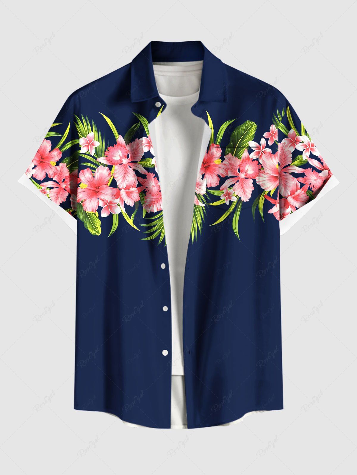 Buy Plus Size Tropical Leaf Hibiscus Flower Print Hawaii Button Pocket Shirt For Men  