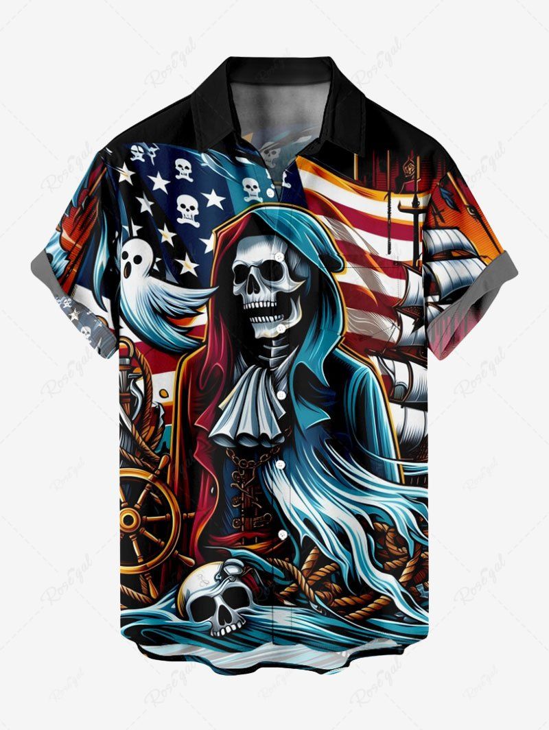 Shops Plus Size Skull Anchor Rudder Ghost Patriotic American Flag Cruise Print Hawaii Button Pocket Shirt For Men  