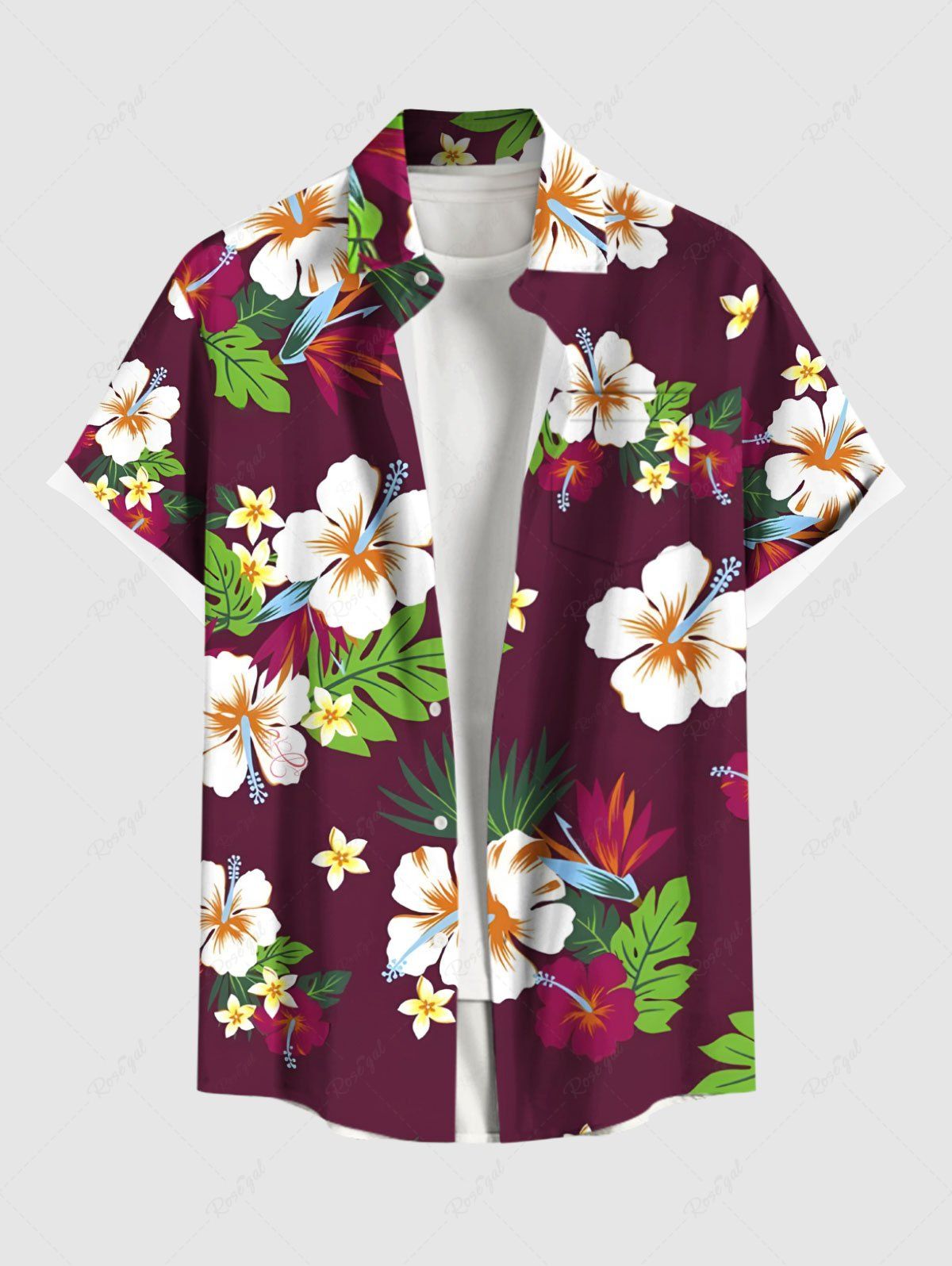 Sale Plus Size Tropical Leaves Hibiscus Floral Print Hawaii Button Pocket Shirt For Men  