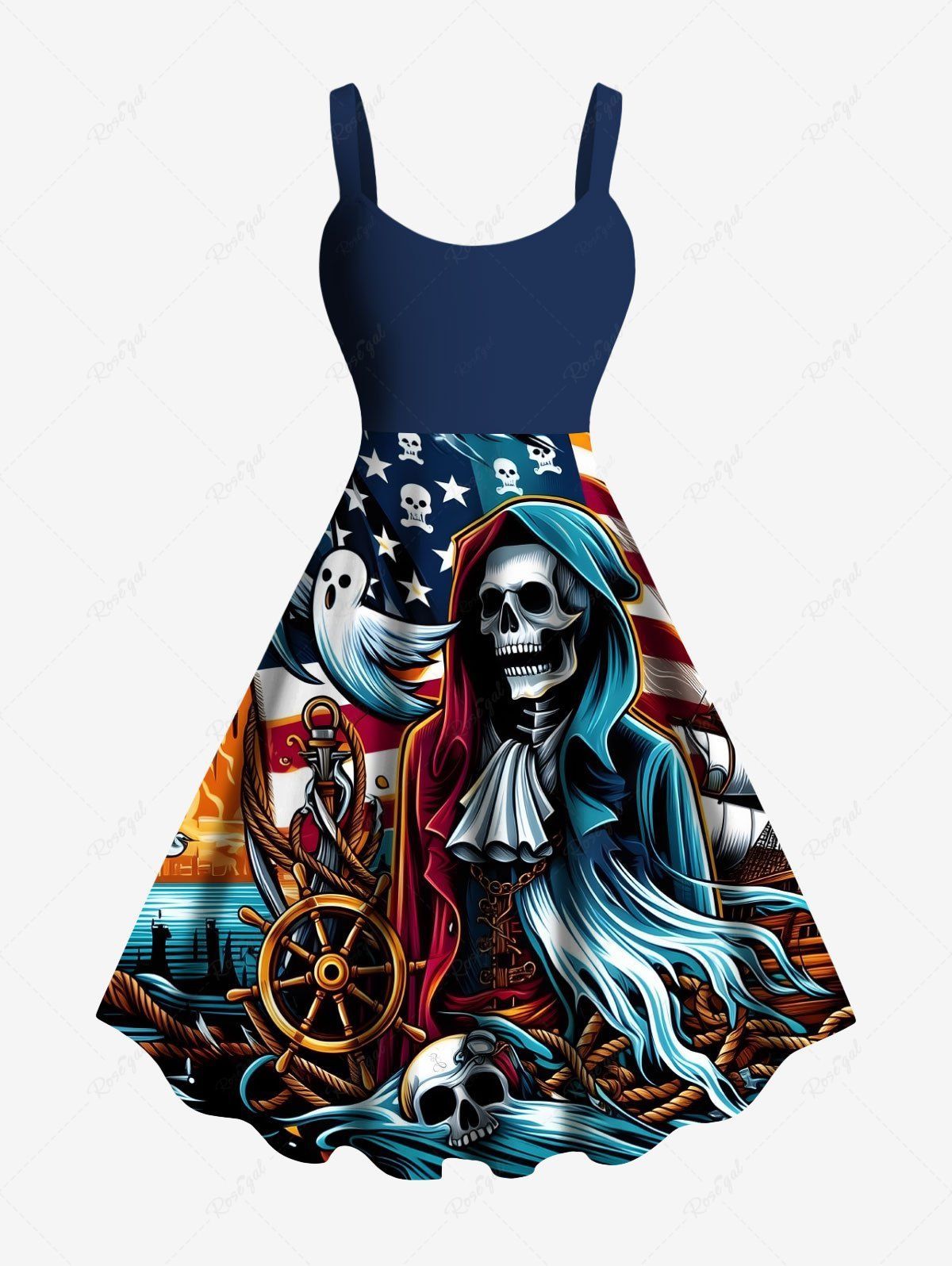Cheap Plus Size Skull Anchor Rudder Ghost Patriotic American Flag Cruise Print Hawaii A Line Tank Dress  