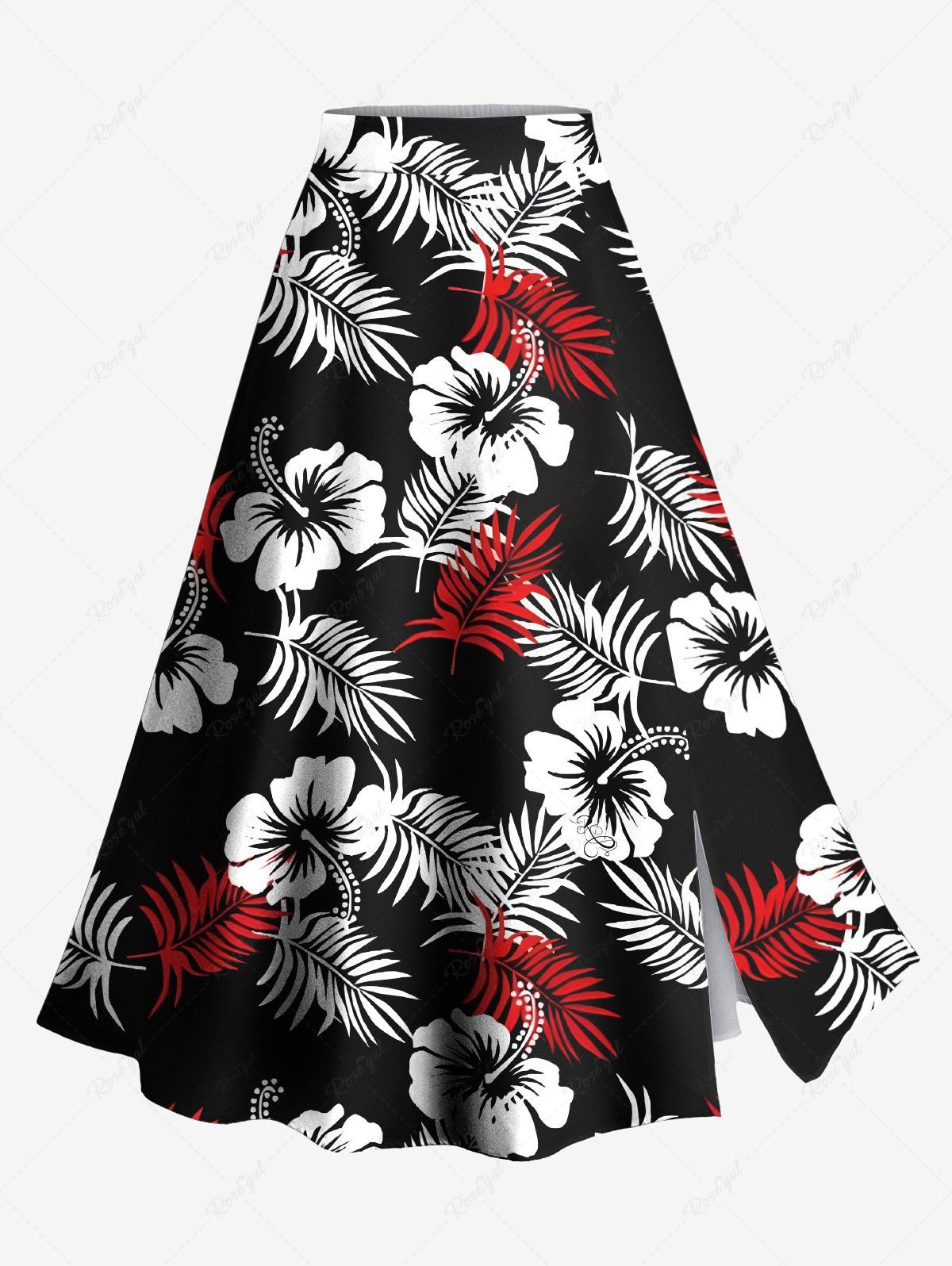 Unique Plus Size Two Tone Tropical Leaf Hibiscus Flower Print Hawaii Split A Line Skirt  