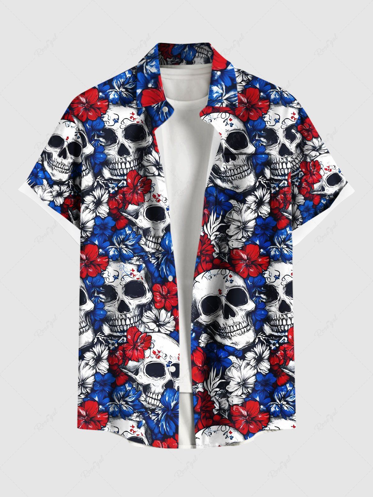 Chic Plus Size Skulls Two Tone Flower Patriotic American Flag Print Hawaii Button Pocket Shirt For Men  