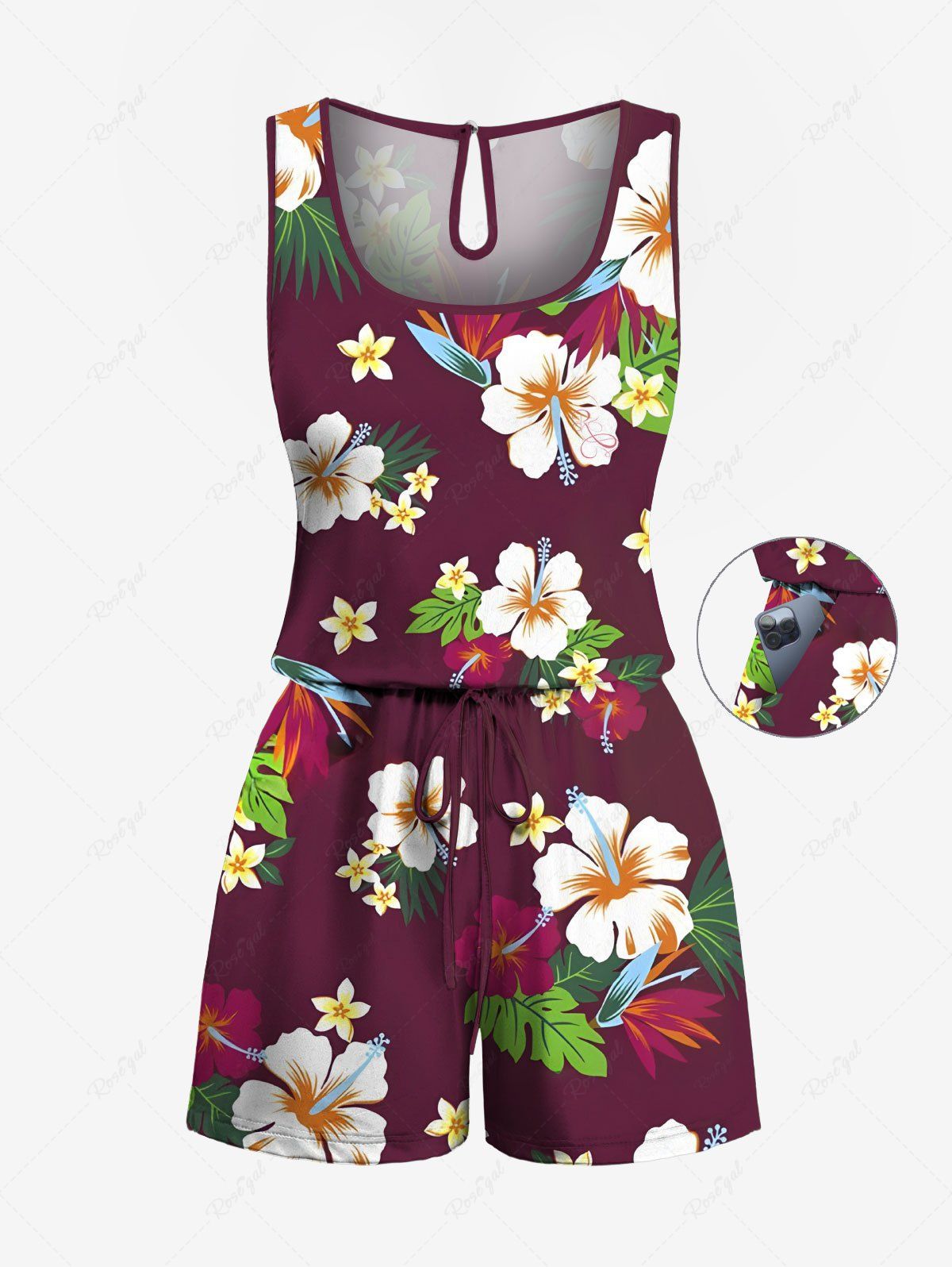 Combinaison grande taille à imprimé floral hawaïen, feuilles tropicales, hibiscus, cordon de serrage et poches Rouge foncé 5X