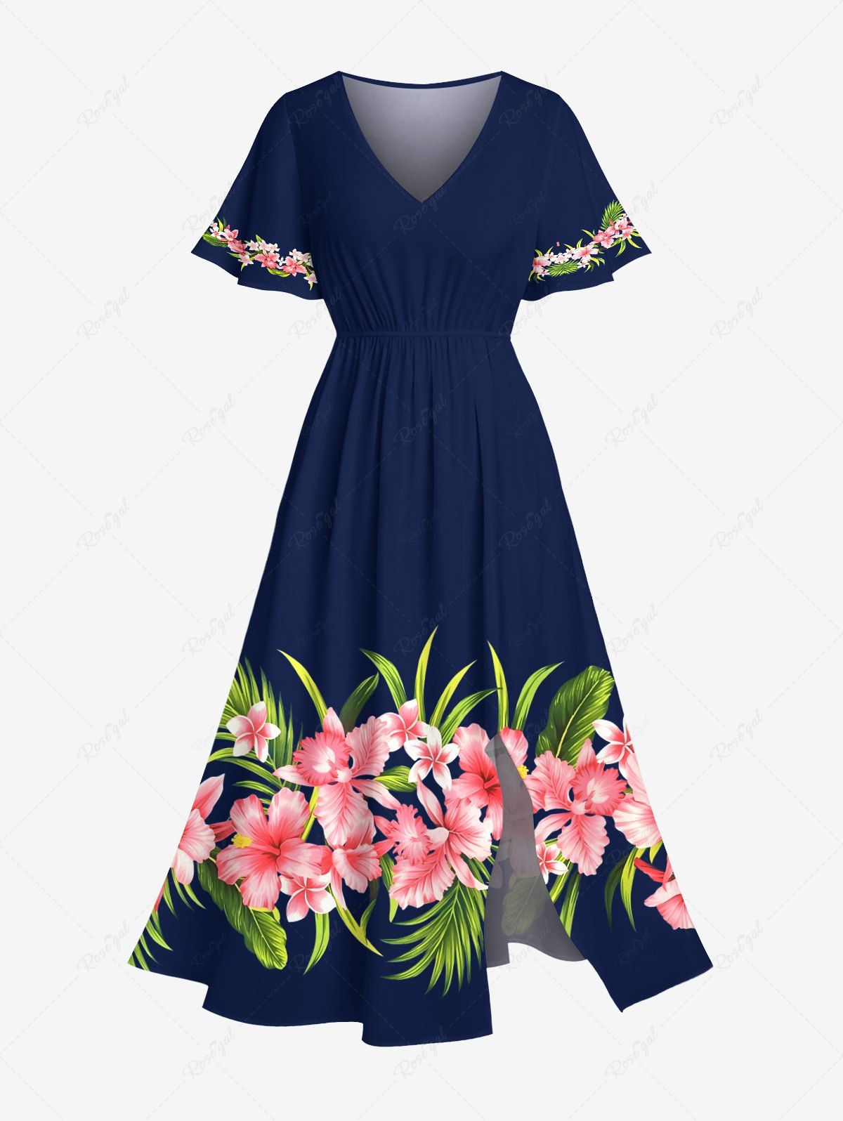 Fancy Plus Size Tropical Leaves Hibiscus Floral Print Hawaii Pocket Split A Line Midi Dress  
