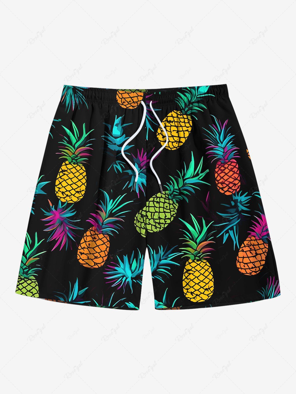 Short de plage hawaïen à cordon de serrage et imprimé ananas coloré grande taille pour homme Noir 8XL
