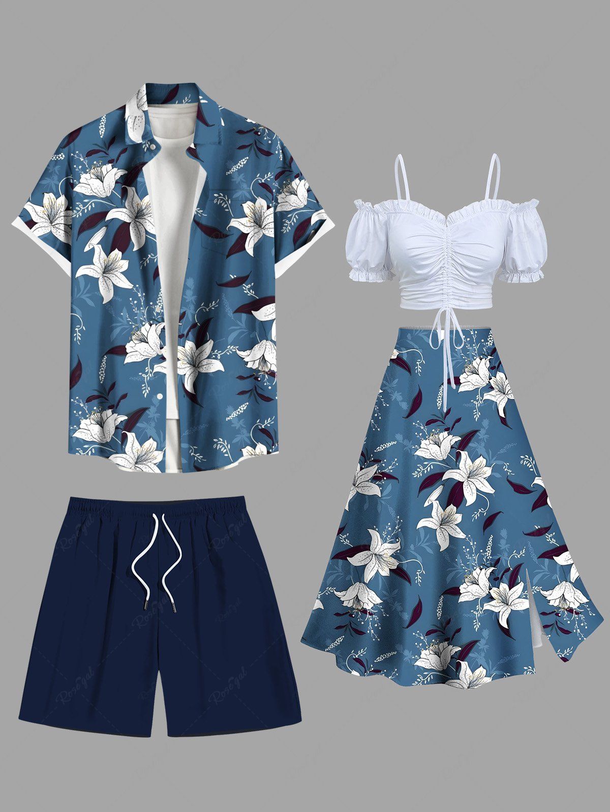 Discount Ombre Floral Leaves Print Plus Size Matching Hawaii Beach Outfit For Couples  