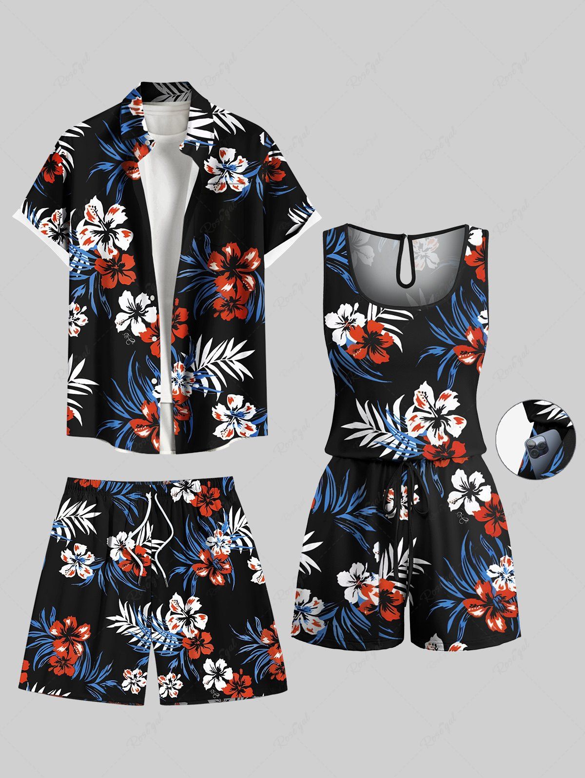 Ensemble chemise hawaïenne, short et barboteuse grande taille, tenue de plage à imprimé feuilles tropicales et hibiscus pour couples Noir 