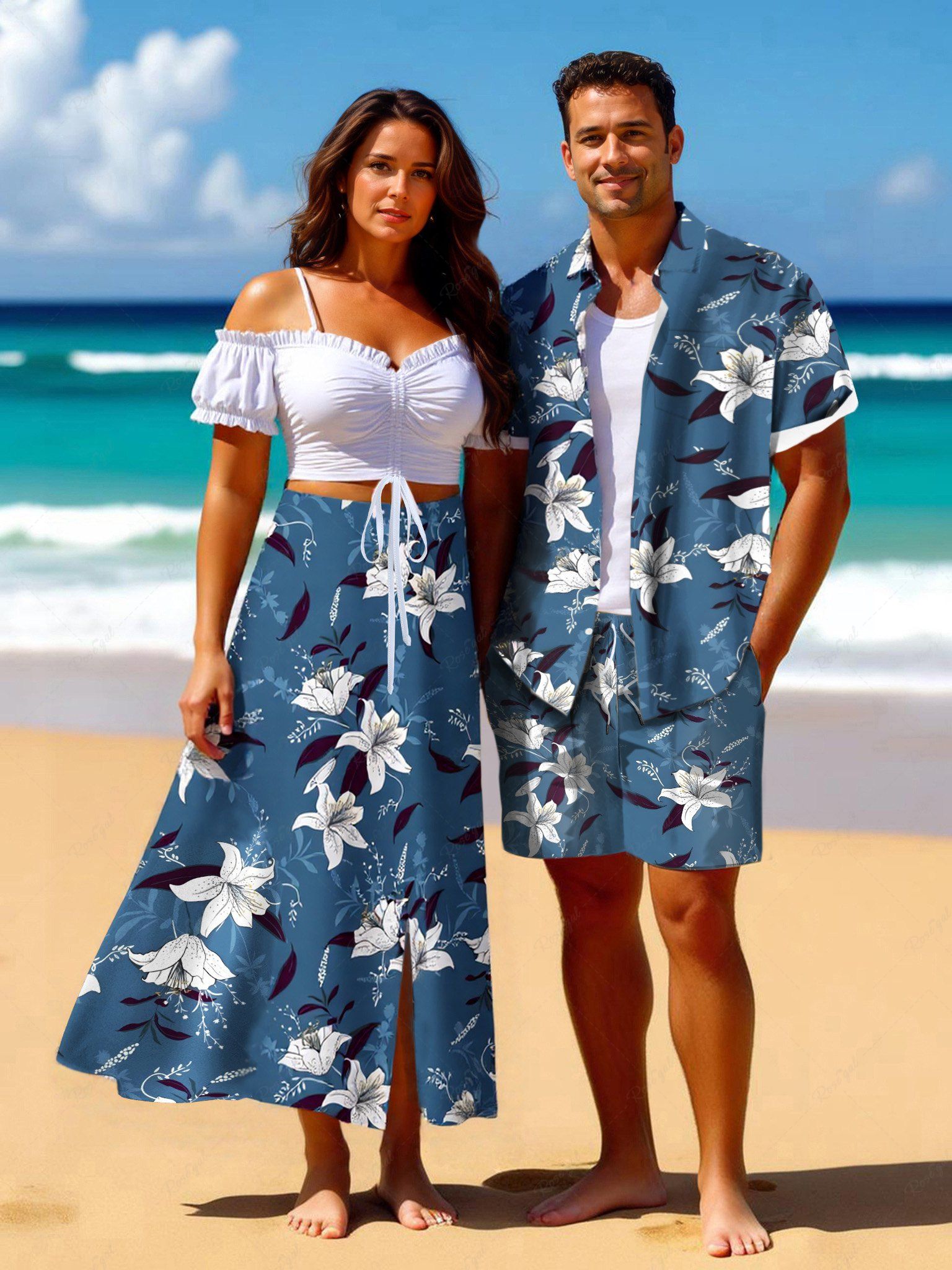 Online Ombre Flower Leaf Print Plus Size Matching Hawaii Beach Outfit For Couples  