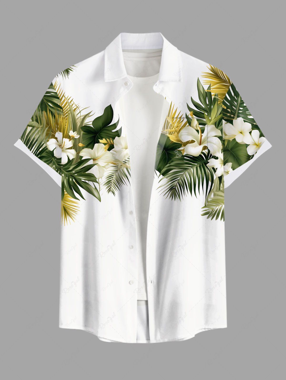Latest Plus Size Tropical Leaf Hibiscus Flowers Print Buttons Pocket Hawaii Shirt For Men  