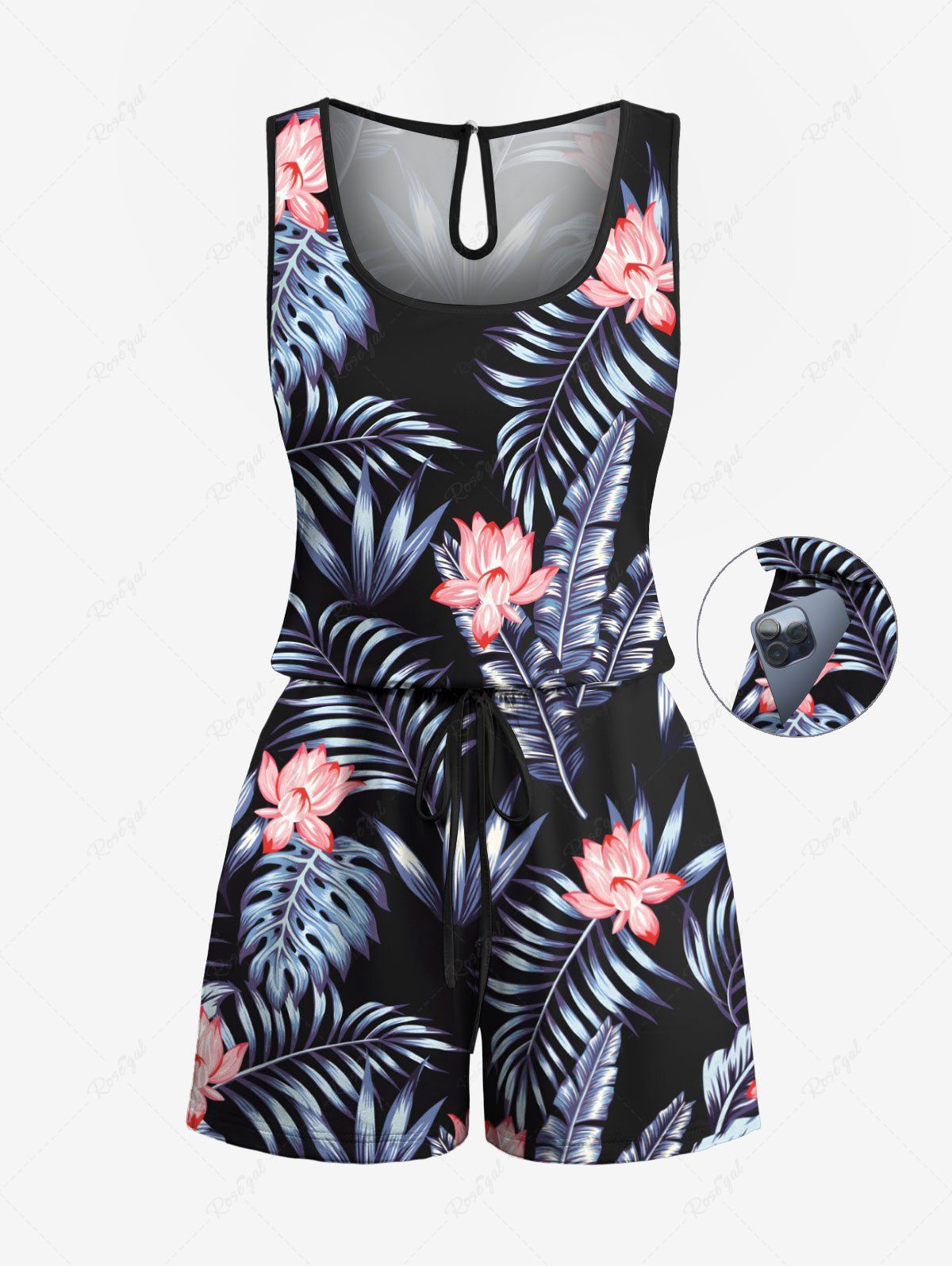 Combinaison hawaïenne cintrée grande taille à imprimé feuilles tropicales et fleurs d'hibiscus Noir S