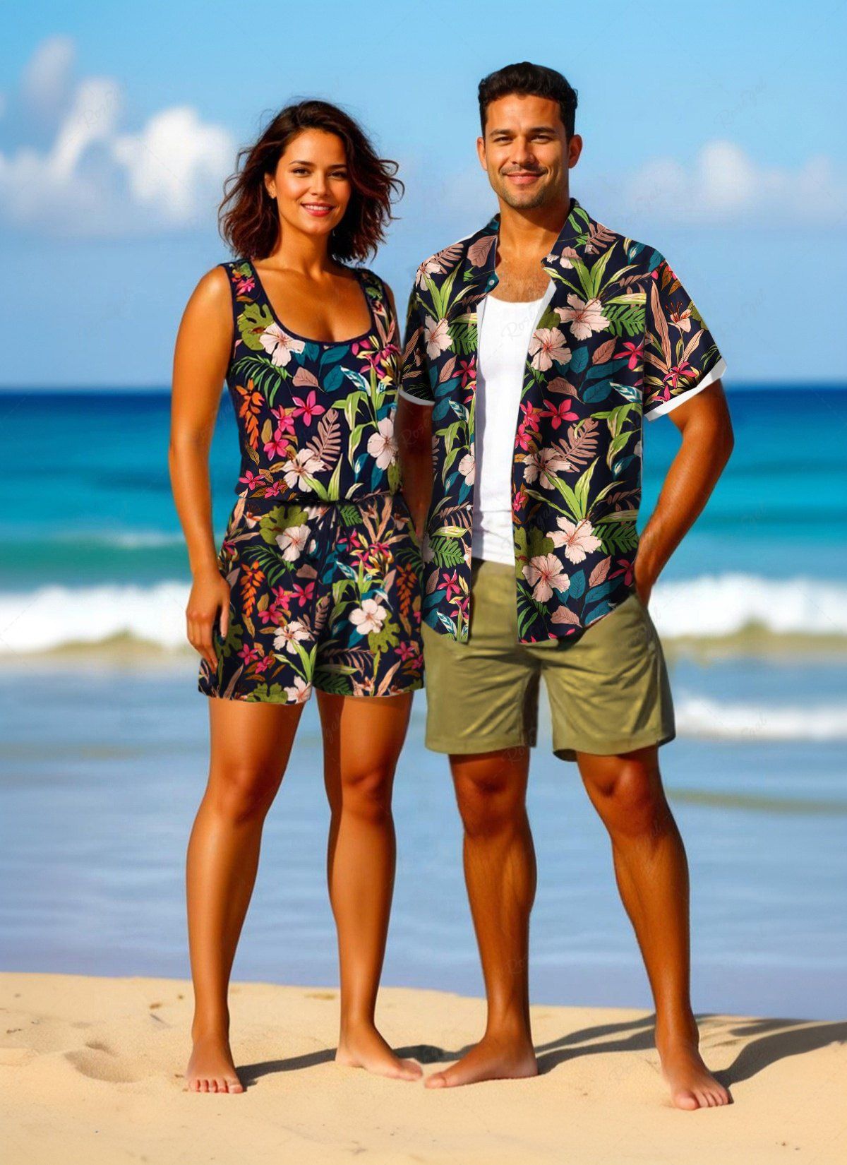 Ensemble chemise et barboteuse hawaïennes assorties, grande taille, tenue de plage, imprimé feuilles tropicales et hibiscus, pour couples Noir 