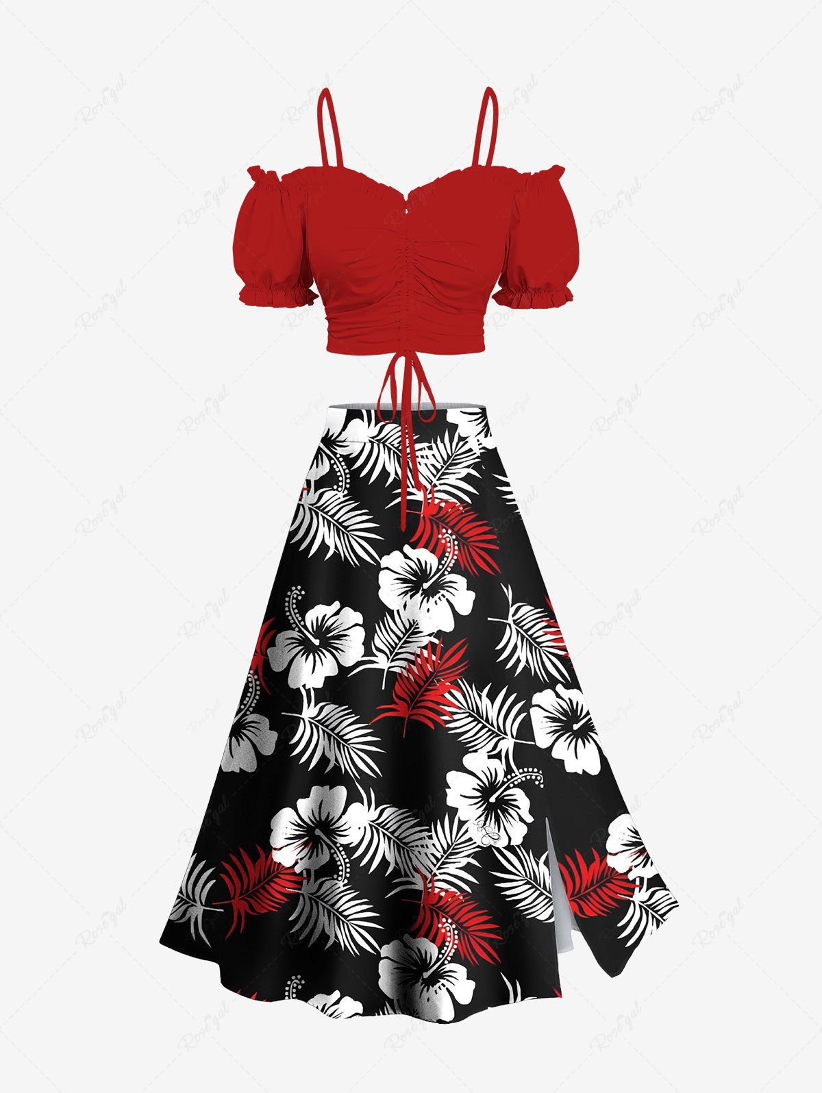 Outfit Cinched Solid Top and Two Tone Tropical Leaves Hibiscus Floral Print Hawaii Split A Line Skirt Plus Size Matching Set  