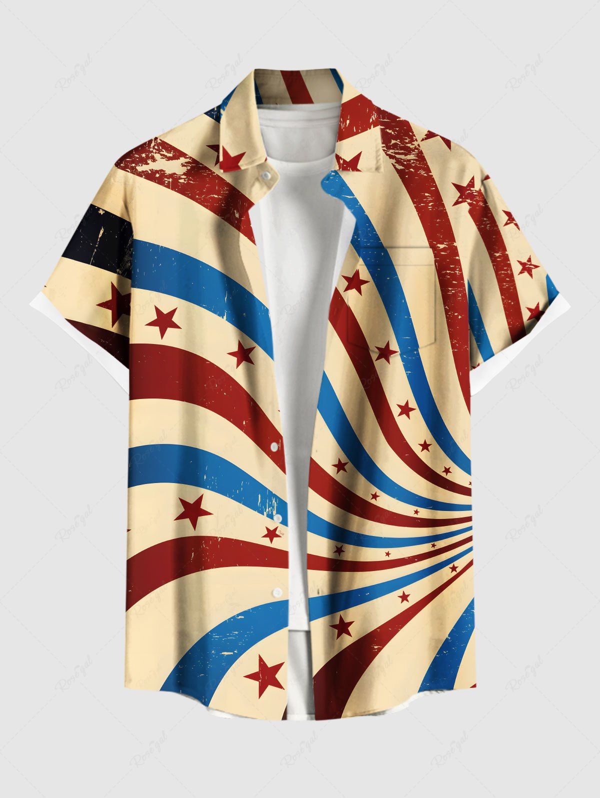 Trendy Plus Size Patriotic American Flag Print Buttons Pocket Shirt For Men  