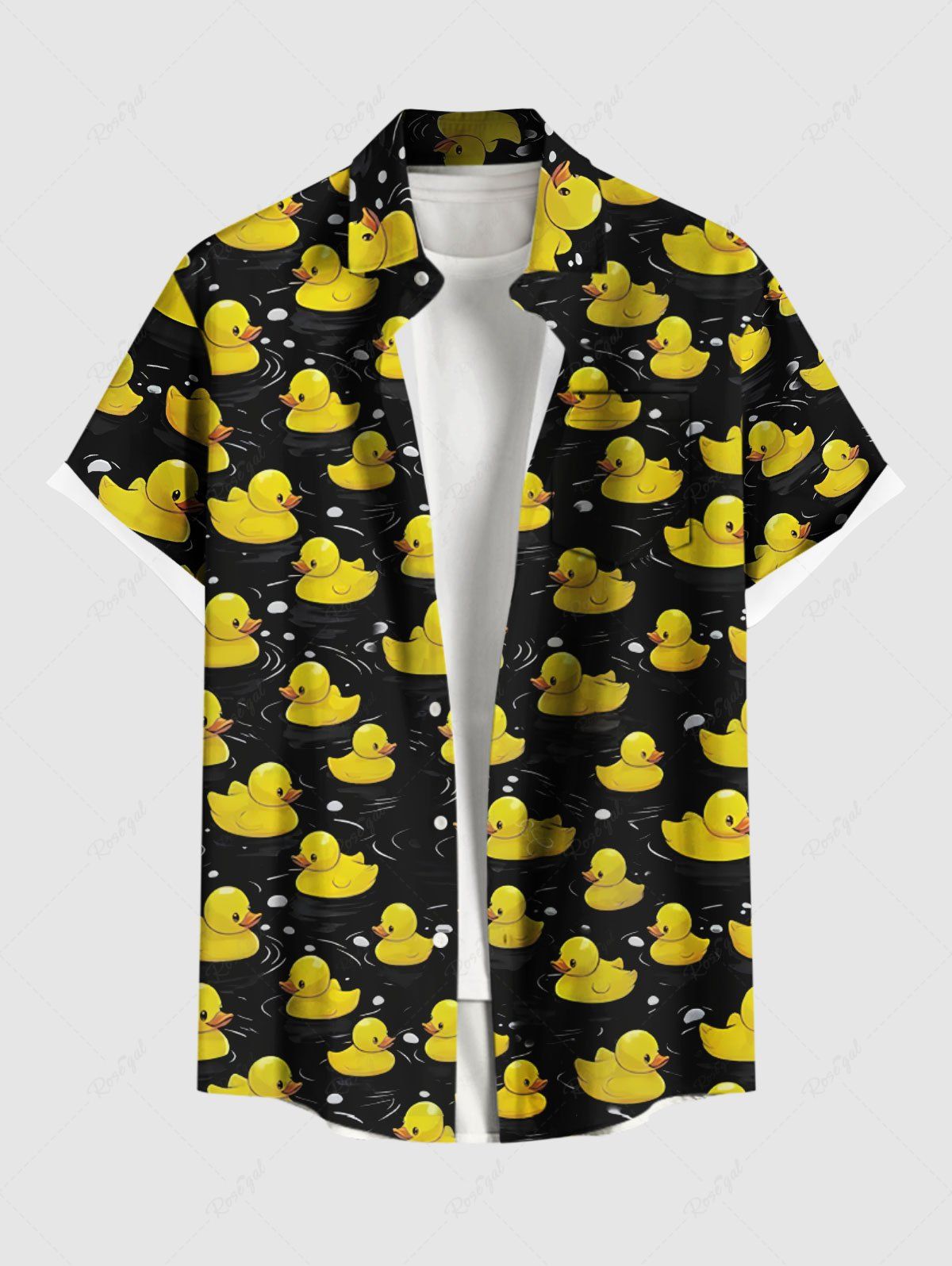Outfits Plus Size Ducks Waves Print Buttons Pocket Hawaii Shirt For Men  