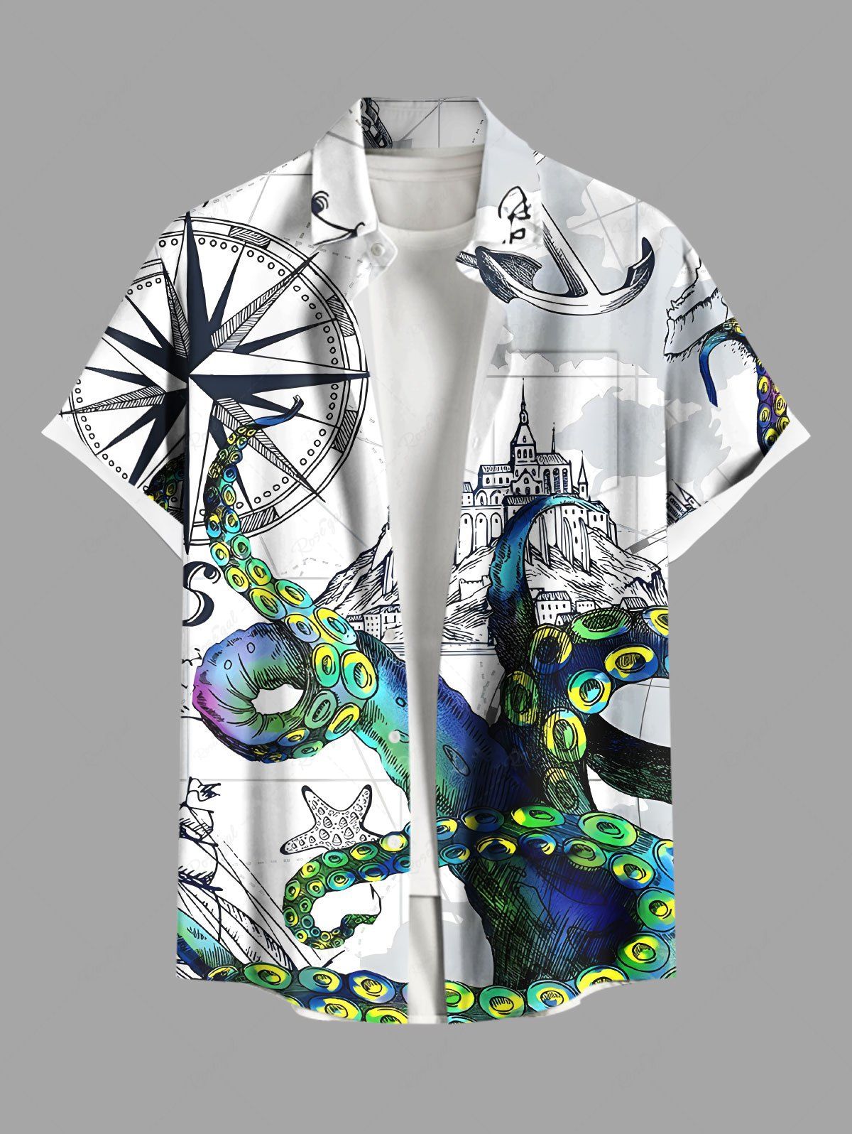 Cheap Plus Size Octopus Starfish Anchor Castle Print Buttons Pocket Hawaii Shirt For Men  