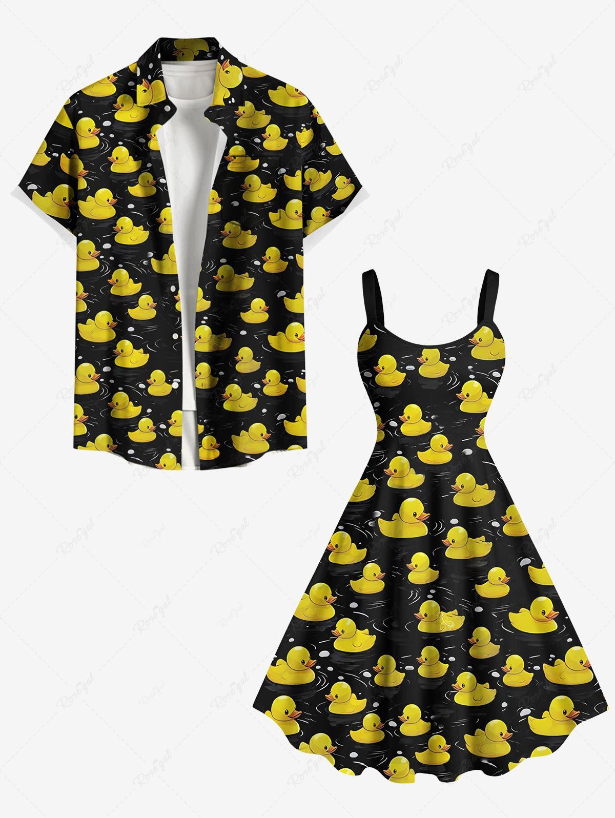 Tenue de plage hawaïenne assortie grande taille à imprimé vagues et canards pour couples Noir 