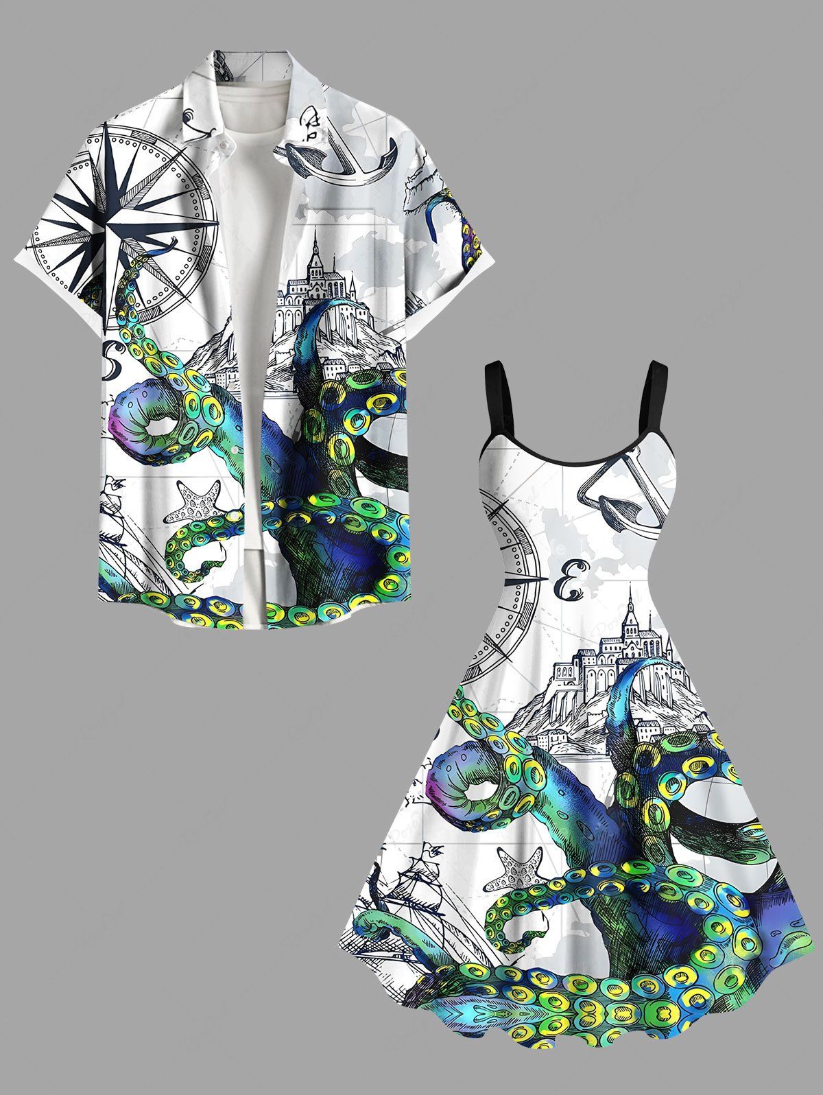 Online Octopus Starfish Anchor Castle Print Plus Size Matching Hawaii Beach Outfit For Couples  