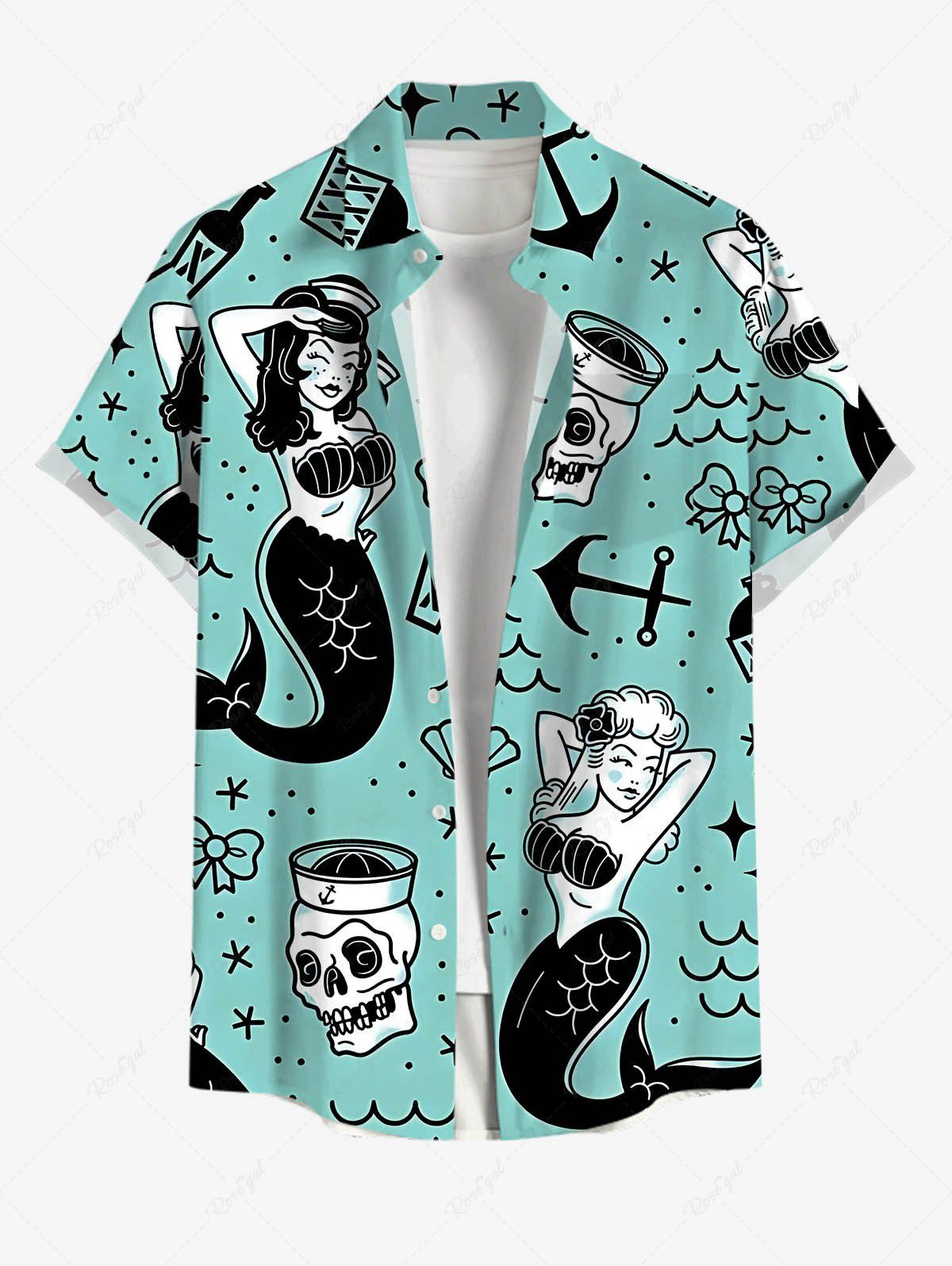 Outfit Plus Size Mermaid Bowknot Skulls Anchor Print Buttons Pocket Hawaii Shirt For Men  