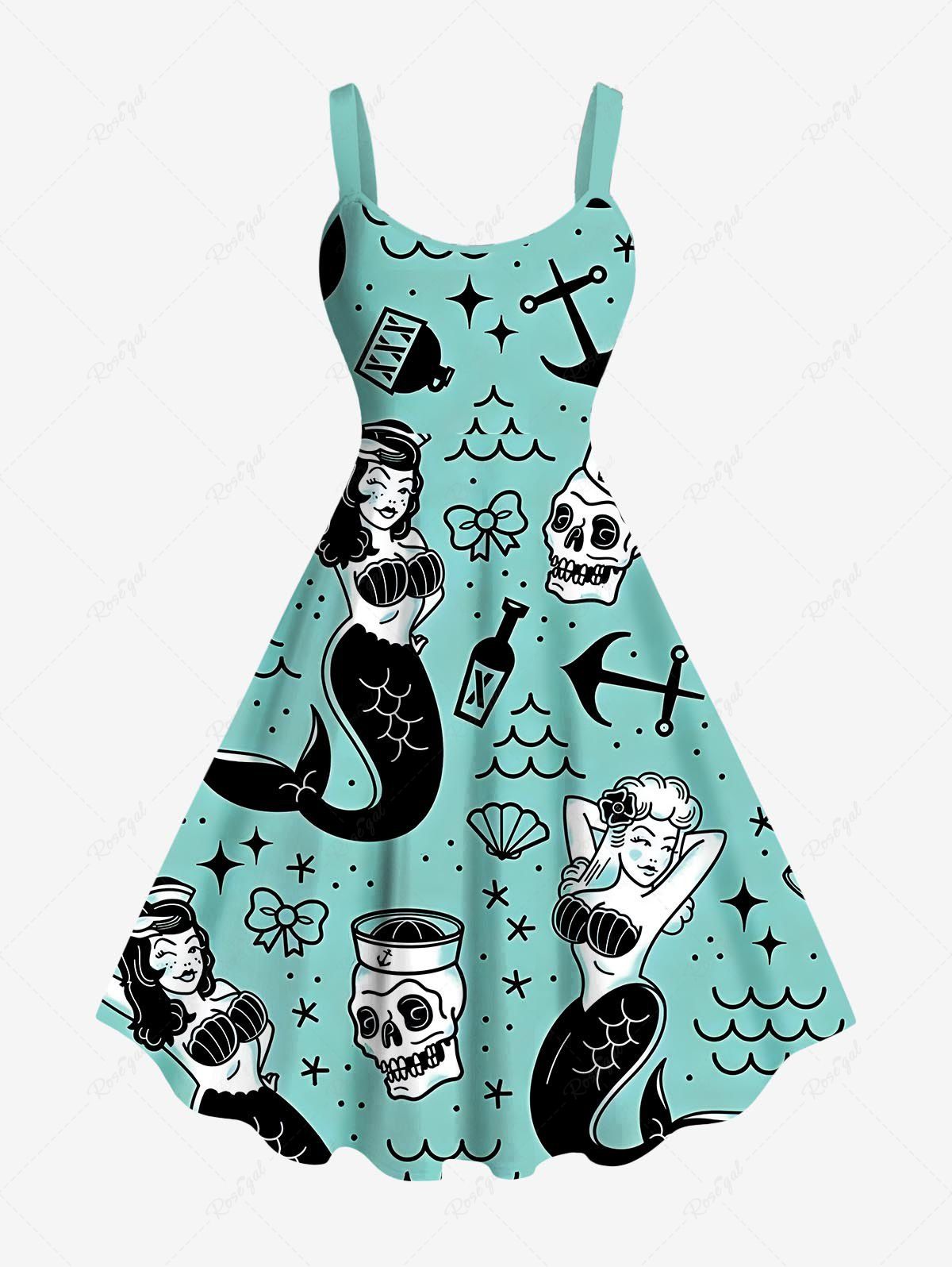 Fancy Plus Size Mermaid Bowknot Skulls Anchor Print Hawaii Tank Dress  