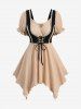 Textured Ruffles Crochet 2 in 1 Corset Top and Split Lace Up Grommet Topstitching Pockets Flare Pants Plus Size Outfit -  