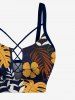 Tropical Leaf Branch Flower Print Hawaii Lace Up Tankini Top and Swim Bottom Plus Size Matching Set -  