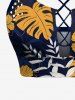 Tropical Leaf Branch Flower Print Hawaii Lace Up Tankini Top and Swim Bottom Plus Size Matching Set -  