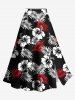 Cinched Solid Top and Two Tone Tropical Leaves Hibiscus Floral Print Hawaii Split A Line Skirt Plus Size Matching Set -  