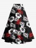 Cinched Solid Top and Two Tone Tropical Leaves Hibiscus Floral Print Hawaii Split A Line Skirt Plus Size Matching Set -  
