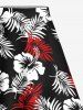 Cinched Solid Top and Two Tone Tropical Leaves Hibiscus Floral Print Hawaii Split A Line Skirt Plus Size Matching Set -  