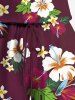 Combinaison hawaïenne grande taille à imprimé feuilles tropicales et fleurs d'hibiscus avec cordon de serrage et poches - Rouge foncé S