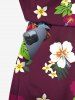 Plus Size Tropical Leaves Hibiscus Floral Print Hawaii Drawstring Pocket Romper -  