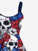 Plus Size Skulls Two Tone Floral Patriotic American Flag Print Hawaii A Line Tank Dress -  