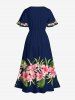 Plus Size Tropical Leaf Hibiscus Flower Print Hawaii Pocket Split A Line Midi Dress -  