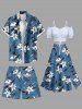 Plus Size Flower Leaf Branch Print Hawaii Drawstring Beach Shorts For Men -  