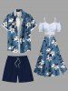 Plus Size Floral Leaves Branch Print Hawaii Drawstring Beach Shorts For Men -  