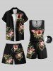 Short de plage hawaïen grande taille à imprimé feuilles tropicales et fleurs d'hibiscus pour homme - Noir 7XL