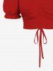 Plus Size Cold Shoulder Puff Sleeves Cinched Solid Ruffles Top -  