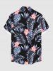 Plus Size Tropical Leaf Hibiscus Flowers Print Buttons Pocket Hawaii Shirt For Men -  