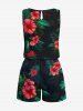 Plus Size Tropical Leaf Hibiscus Flowers Print Cinched Hawaii Romper -  