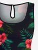Plus Size Tropical Leaf Hibiscus Flowers Print Cinched Hawaii Romper -  