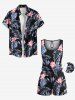 Combinaison hawaïenne cintrée grande taille à imprimé feuilles tropicales et fleurs d'hibiscus - Noir 6X